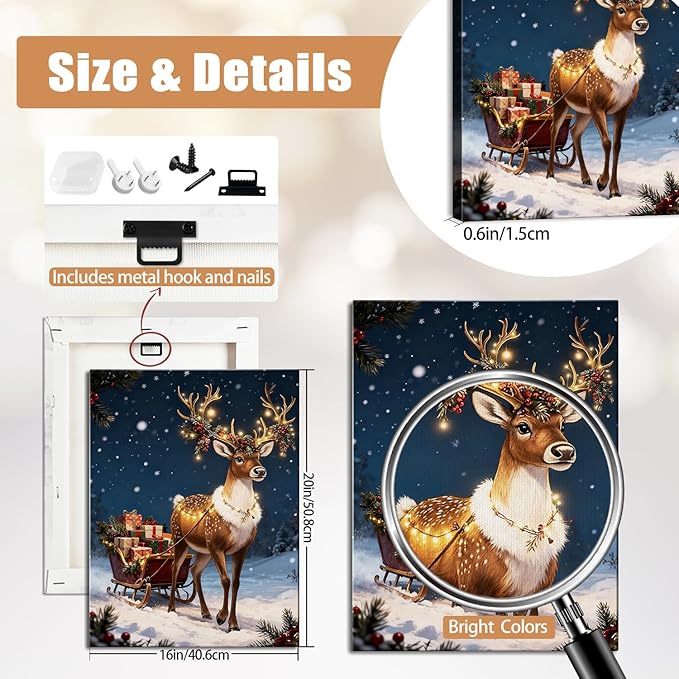 AbcCustomize Vintage Reindeer & Gift Boxes Christmas Wall Art - Snowy Holiday Scene Canvas Print with Festive Lights, Rustic Winter Decor for Room, Perfect Christmas Gifts & Holiday Decorations