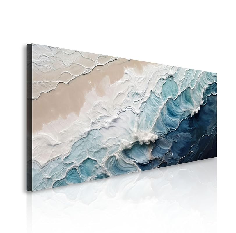 Tailored Canvases Crashing Coastal Waves Impasto Wall Art for Living Room, Abstract Seascape Canvas, Beach Paintings, Wave Artwork, Coastal Ocean Decor, Nautical Blue and White Accent Print 48x24