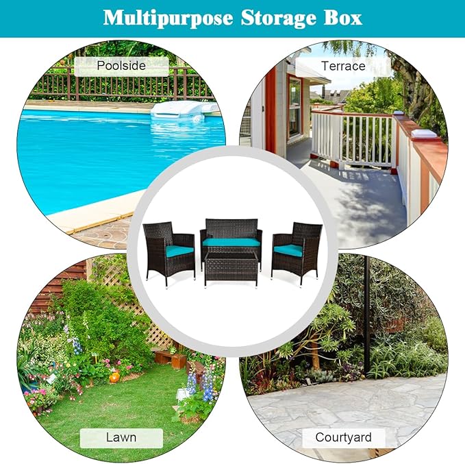 Goplus 4-Piece Rattan Patio Set, Outdoor/Indoor Wicker Conversation Set for Pool, Backyard, Lawn, Wicker Chairs and Sofa with Soft Cushion, Rattan Furniture with Tempered Glass Coffee Table