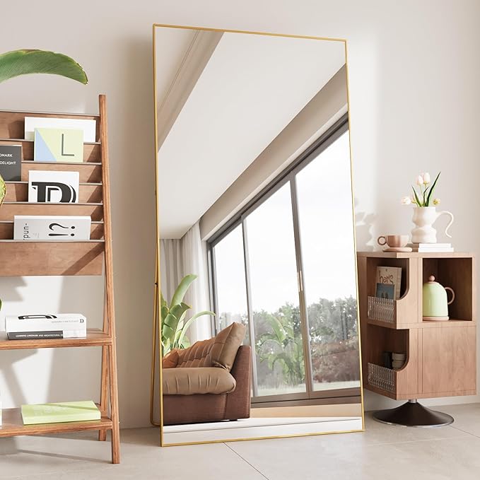 FANYUSHOW Full Length Mirror with Stand 65"x23.6",Floor Standing Aluminum Frame for Living Room,Tempered Glass Floor Mirror,Simple Home Decor,Wall Decor for Bedroom & Bathroom,Full Body Mirror,Gold