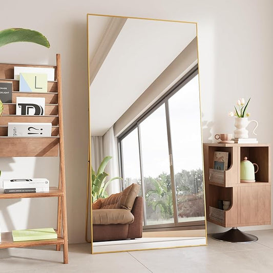 FANYUSHOW Full Length Mirror with Stand 65"x23.6",Floor Standing Aluminum Frame for Living Room,Tempered Glass Floor Mirror,Simple Home Decor,Wall Decor for Bedroom & Bathroom,Full Body Mirror,Gold