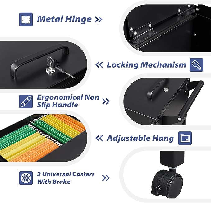 Metal Mobile File Cabinet, Rolling File Cart File Box with Sliding Cover and Wheels, Rolling Filing Cabinet Locking Tool Storage Cabinets for Home Classroom Office