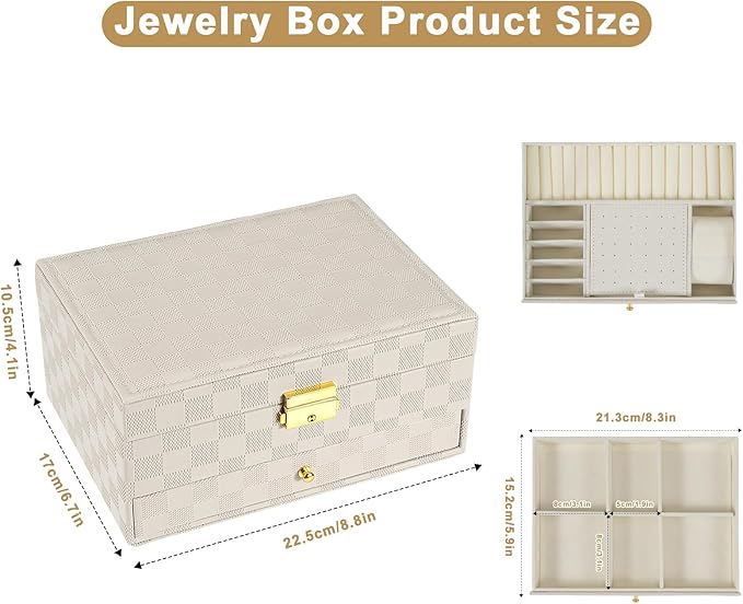 Jewelry Box for Women Girl Wife - Large PU Leather Jewelry Organizer Storage Case with Two Layers Display for Earrings Bracelets Rings Watches (Light Khaki)