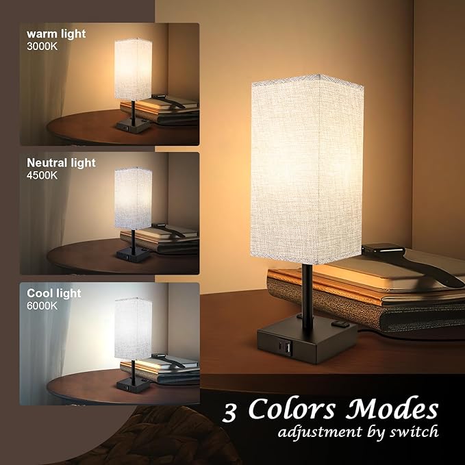 Touch Table Lamp for Bedroom, Stepless Dimmable Bedside Lamp with USB C+A Ports & 3 Color Temperatures, Nightstand Light for Living Room Office, LED Bulb Included (Gray)