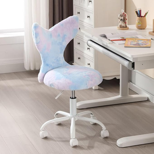 Fuzzy Desk Chair, Cute Swivel Children Desk Chair with Wheels for Kids Bedroom Upholstered Rolling Study Chair Adjustable Computer Chair Mermaid Back Vanity Chair for Teen Girls Boys, Blue Colorful
