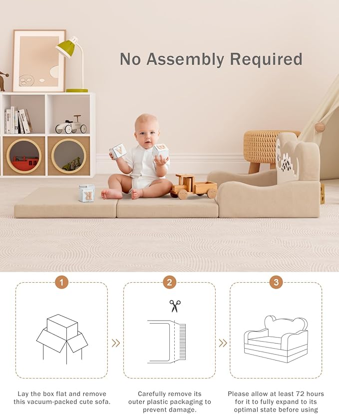 2-in-1 Kids Couch Fold Out, Convertible Toddler Couch to Lounger, Toddler Chair Comfy, Kids Sofa for Girls and Boys, Gift for Birthday, Children's Day, Dinosaur Beige