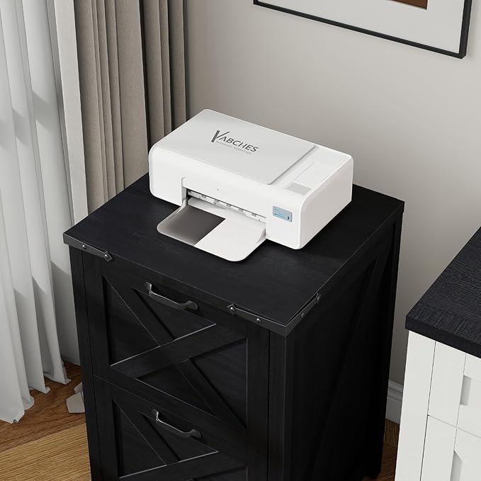 Vertical File Cabinet with 2 Drawers, Wooden Farmhouse Filing Cabinet for Letter/A4 Size Hanging Files, Under Desk Printer Stand with Storage for Home Office, Black