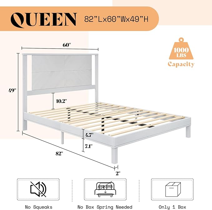 AMERLIFE Solid Wood Queen Size Bed Frame with Headboard, Rustic Style Platform Bed Frame with Under-Bed Storage, No Box Spring Needed, Noise Free, Easy Assembly, Antique White