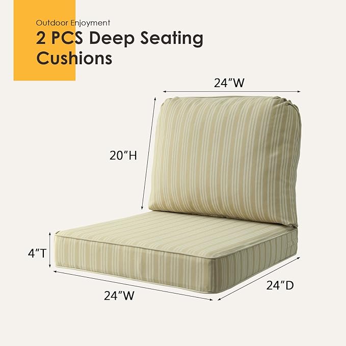 Outdoor Cushions for Patio Furniture Set of 2, 24"x24" Water Repellent Chair Cushions Removable Seat Bottom & Back Cushion Covers for Chair, Sofa, Couch, Beige Brown Stripe