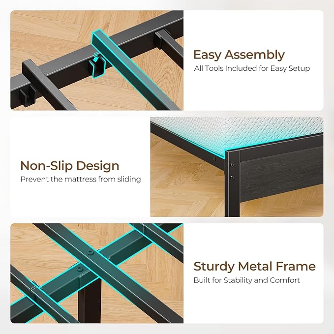 Seventable Bed Frame Queen Size with Charging Station, LED Bed with Upholstered Storage Headboard, Metal Platform Bed with Under Bed Storage, No Box Spring Needed, Noise Free, Easy Assembly, Grey