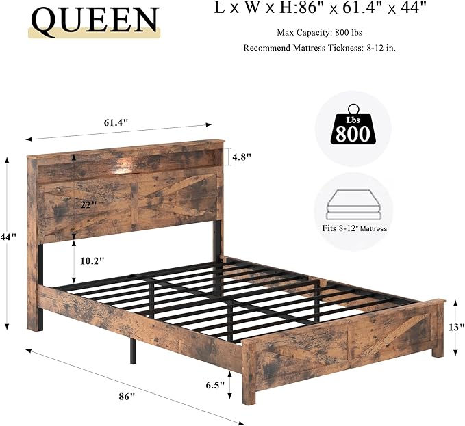 Farmhouse Wooden Bed Frame Queen Size with Storage Headboard, Boho Platform Bedframe with LED Lights and Charging Station, Metal Slats Support, No Box Spring Needed, Brown