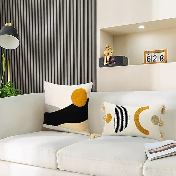 Merrycolor Tufted Boho Decorative Throw Pillow Covers Mid Century Modern Pillows Sun Pillowcases Couch Pillow Covers for Bed Sofa Living Room 18 X 18 Inch Mustard Yellow and Black
