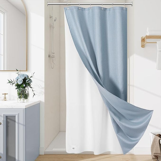 3 in 1 Stall Half Size Blue Shower Curtain Set-36 W x 72 H, Fog Blue Waffle Waterproof Fabric and PEVA Liner Set with Stainless Steel Hooks