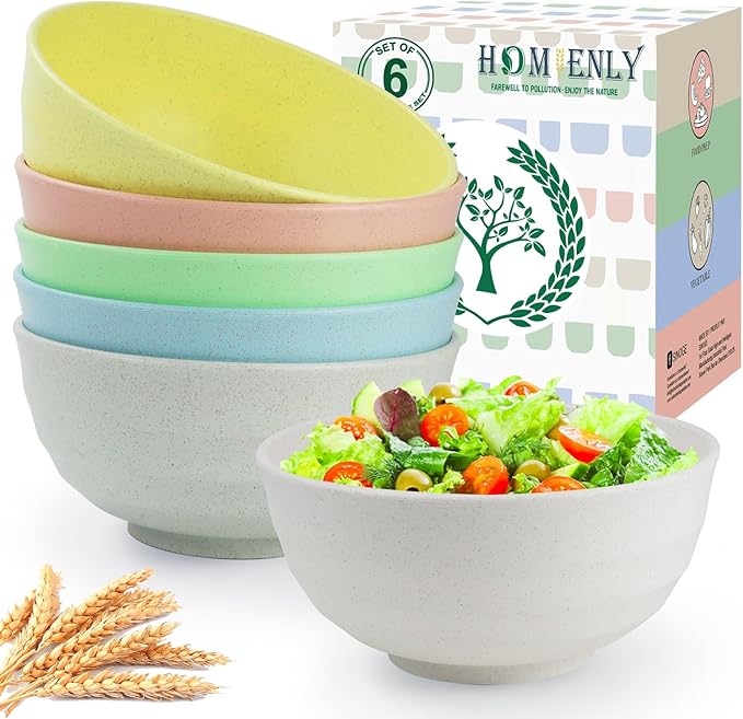 Homienly Wheat Straw Bowls Set Unbreakable Large Bowl 60 OZ Large Cereal Bowl Set of 6 Serving Bowls for Kitchen, Salad, Fruit, Soup, Microwave and Dishwasher Safe Big Bowl(Macaron Series)