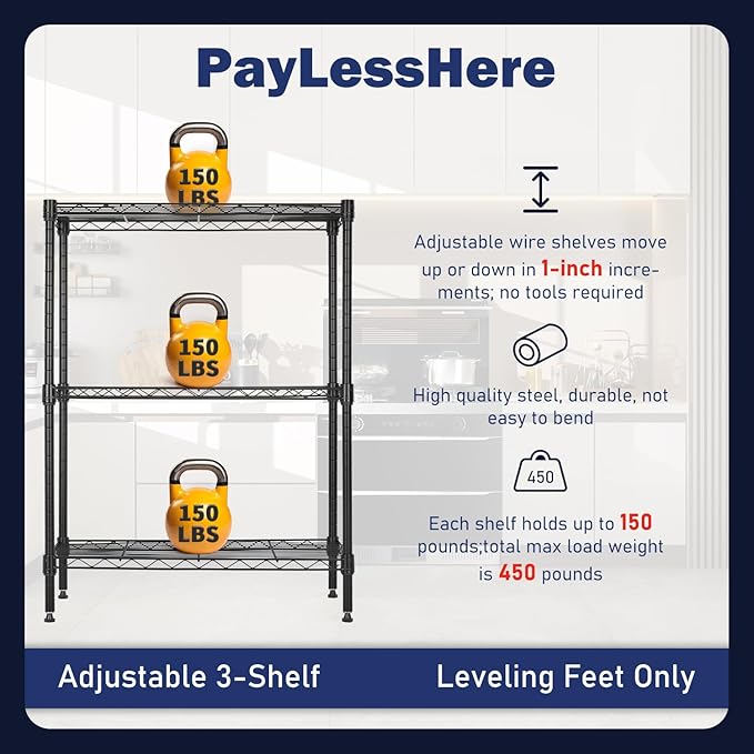 PayLessHere Shelf Shelving Pantry Storage Cabinet 3 Tier Adjustable Metal Storage Shelf 450 lbs Capacity NSF Certified Space Saving Design Adjustable Feet Easy Assembly (Black)