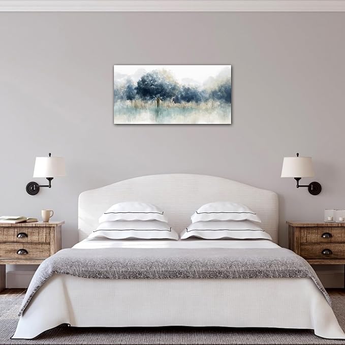 Foggy Forest Canvas Wall Art - Indigo Blue Abstract Trees Pictures for Wall Decor Nature Canvas Painting Modern Printing Artwork for Living Room Bedroom Home Office Wall Decoration 20" x 40"