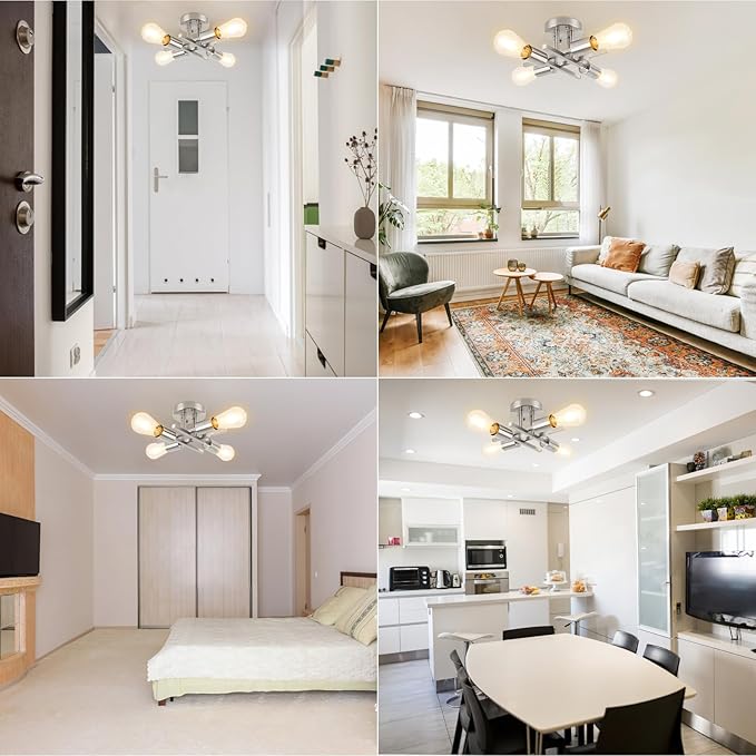 WILON Semi Flush Mount Ceiling Light Fixture, Modern Flush Mount Ceiling Lights, 4-Light Brushed Nickel Sputnik Ceiling Light Fixture with E26 Bulb Base for Hallway Farmhouse Kitchen Bedroom