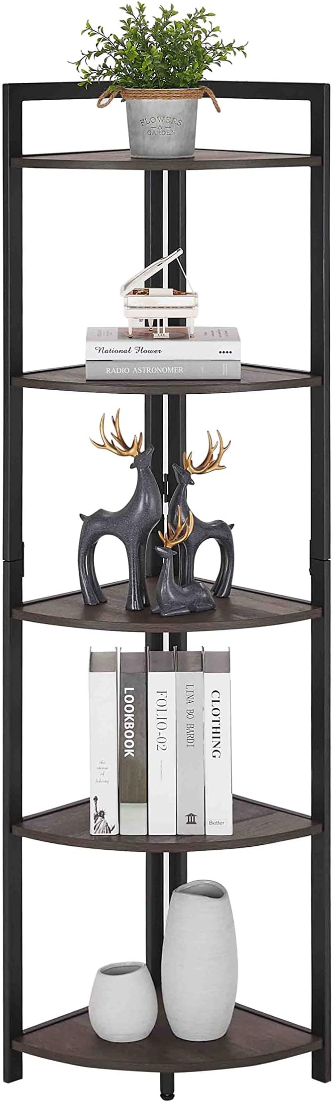 FATORRI Rustic Tall Corner Shelf, 5 Tier Industrial Corner Bookshelf for Living Room, Dark Wood and Metal Corner Plant Stand for Home Office (Walnut Brown)