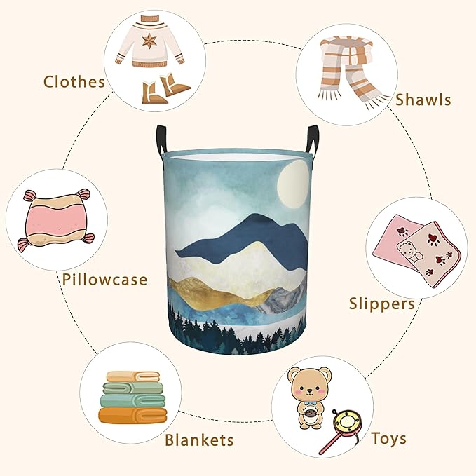 Mountains Moon Nature Scenery Laundry Basket,Waterproof Foldable Laundry Hamper,Dirty Clothes Laundry Basket, Linen Bin Storage Organizer for Toy Collection 16" x 20"