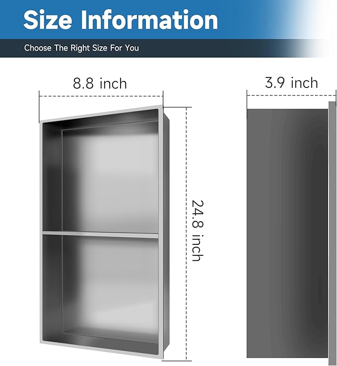 Shower Niche 9" X 25", Wall Niche with Double Shelves, Shower Niche Insert Tile Ready, Shower Caddies Bath Niche, No Tile Needed Over Mount Installation
