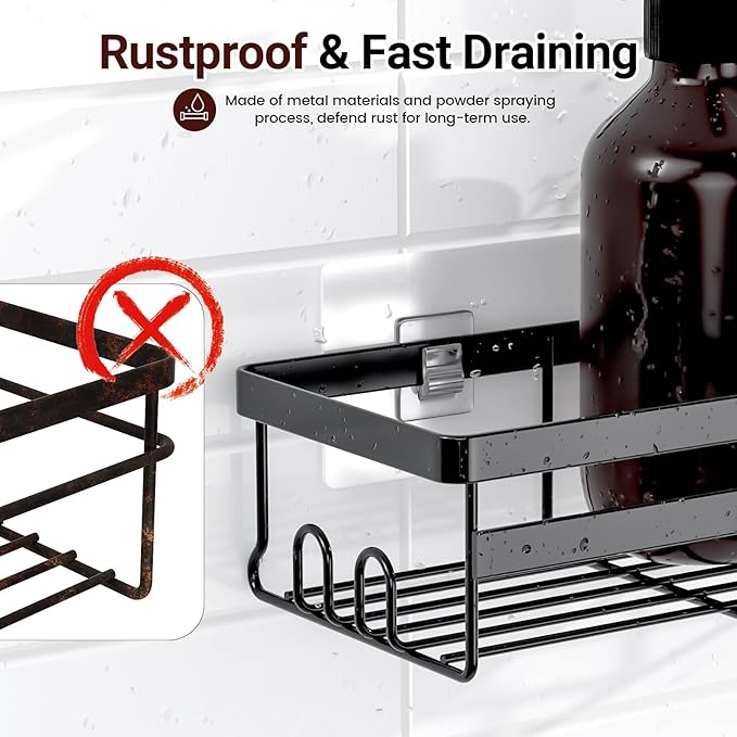 WOWBOX Shower Caddies 2 Pack - Adhesive Hanging Shower Shelf - Bathroom & Kitchen Organizers and Storage, No Drilling Stainless Shower Shelves for Home Decor Storage (Large), Black