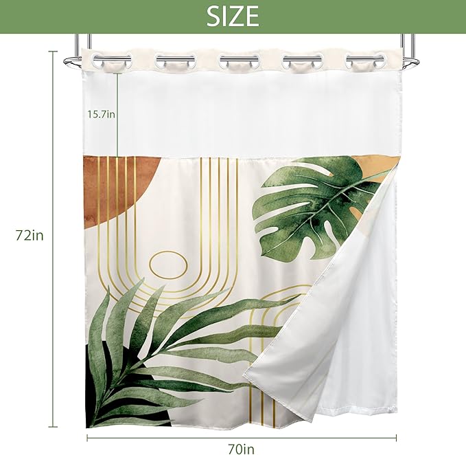 Glawry No Hook Shower Curtain with Snap in Liner, Boho Green Modern Mid Century Tropical Palm Leaf Abstract See Through Mesh Top Window Curtains 70Wx72L Inches Bath Accessories Art Home Decor Fabric