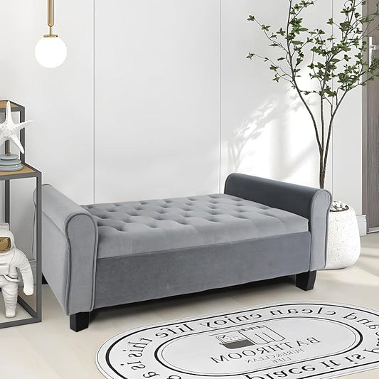Storage Ottoman Bench with Arms, Velvet End of Bed Bench for Bedroom, Button Tufted Storage Bench for Entryway, Living Room,Hallway, Large Storage Bench Foot Rest (Dark Grey)