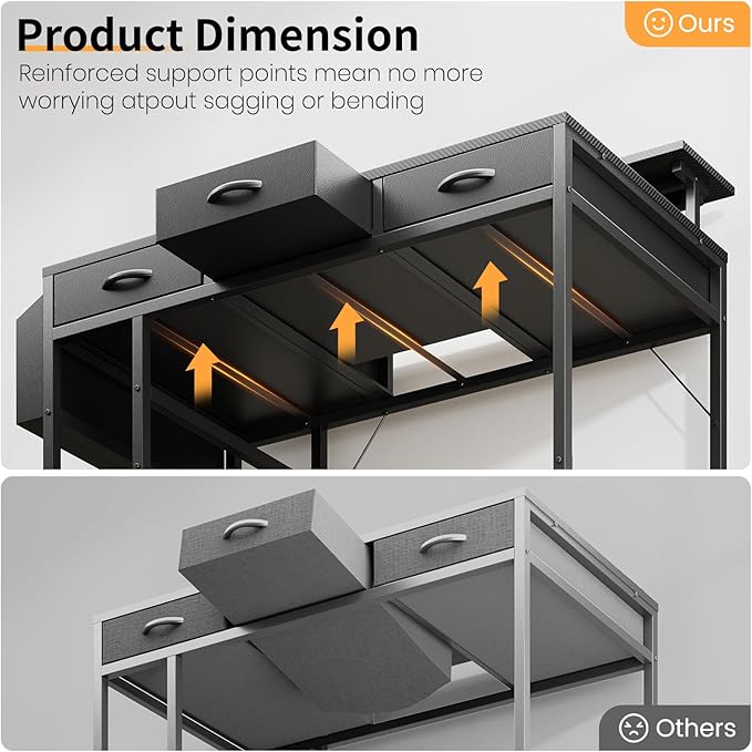 Black Gaming Desk with LED Lights and Power Outlets, 55 Inch Computer Desk with 3 Drawers and Adjustable Monitor Stand, Home Office Desks with Charging Station USB Port, Study Writing Table
