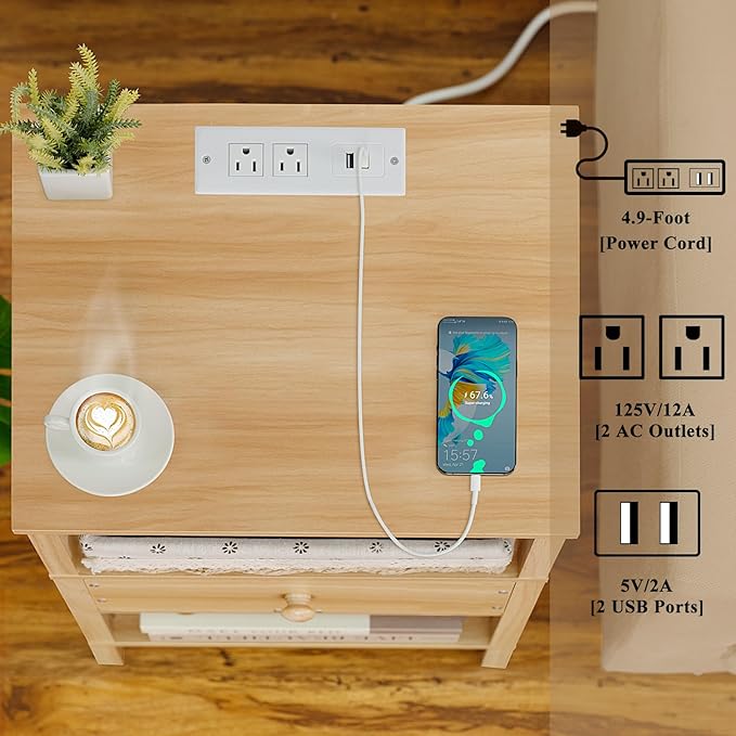 Lerliuo Nightstand Set of 2 with Charging Station and USB Ports, 3-Tier Storage End Table with Drawer Shelf, Night Stand for Small Spaces, Wood Bedside Table for Living Room, Bedroom - Natural Wood