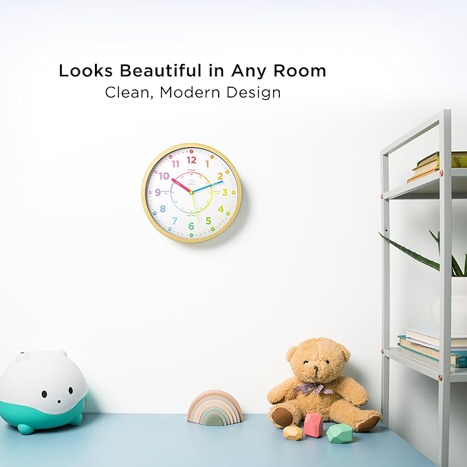 LittleHippo Learning Clock for Kids for Teaching to Tell Time - Kid's Analog, Silent, Non-Ticking Wall Clock for Bedrooms, Nursery, Playroom, School Classroom, Study to Learn to Tell Time
