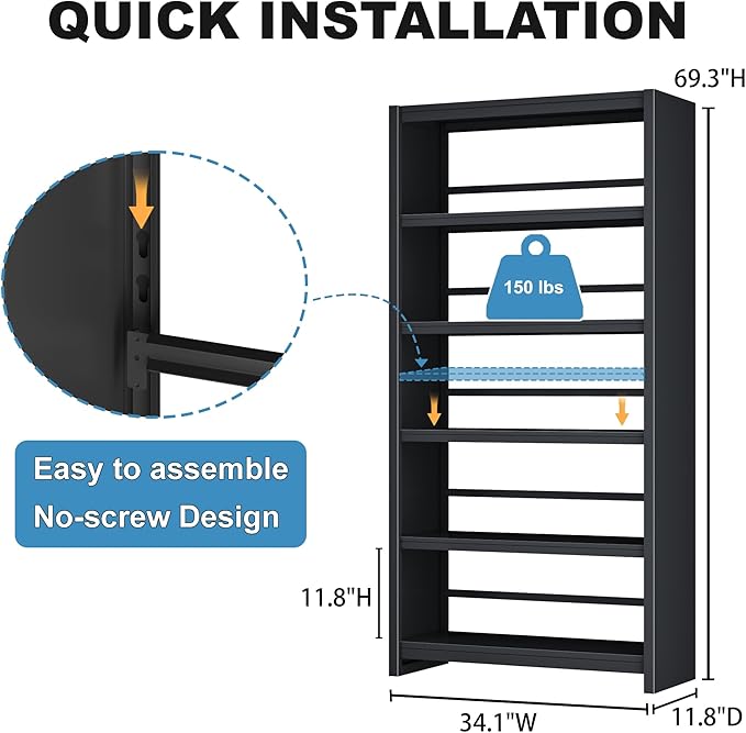 69.3" Tall Metal Bookshelf, 5-Tier Black Bookcase with Wide Open Shelves, Modern Bookshelf with Storage for Living Room, Bedroom, Home Office, Library, Study