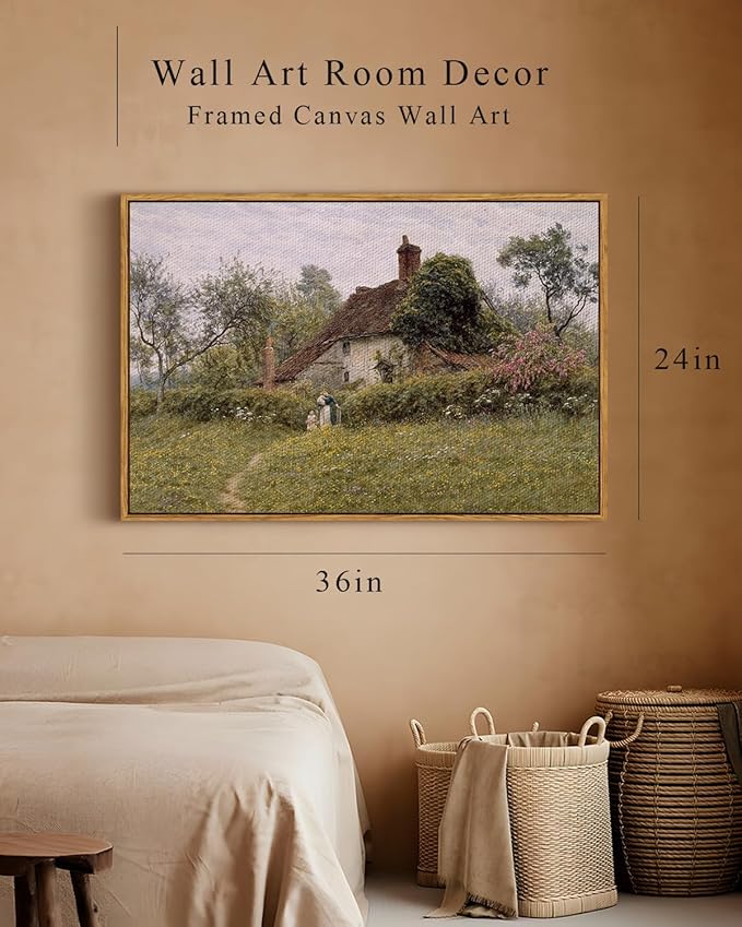 InSimSea Framed Canvas Wall Art Vintage Decor, Old Cottages Countryside Large Canvas Wall Art, Rustic Farmhouse Hanging Wall Decor for Bedroom Living Room Bathroom, 24"x36"