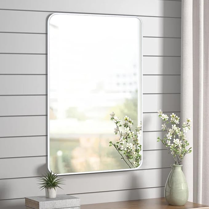 24x36 Inch White Framed Mirror for Bathroom, Rounded Coner Rectangle Mirrors for Wall with Tempered Glass Anti-Rust, Shatterproof Mirror (Horizontal/Vertical Hanging)