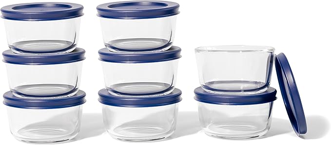 16-Piece Glass Food Storage Containers Set (8 Containers + 8 BPA-Free Lids) | 7-Ounce, Leakproof | Microwave, Freezer, Oven & Dishwasher Safe | Ideal for Meal Prep & Pantry Organization