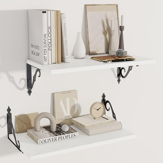 Deep Floating Shelves, 24" W x 12" D Wall Shelves Set of 2, Wide Display Shelf Wall Mounted with Brackets, Bookshelf for Living Room, Bathroom, Bedroom, White