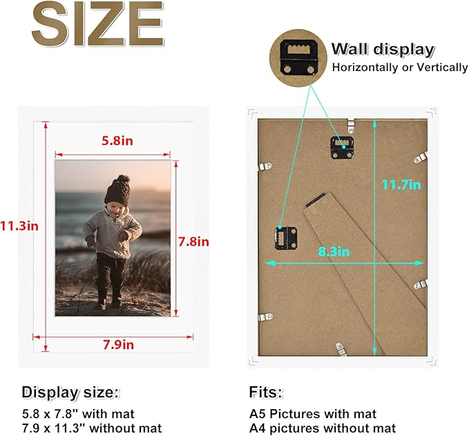 KINLINK A4 Picture Frame, White Solid Wood Frames with Acrylic Plexiglass for Pictures A5 with Mat or A4 without Mat, Tabletop and Wall Display Photo Frame 4 Pack