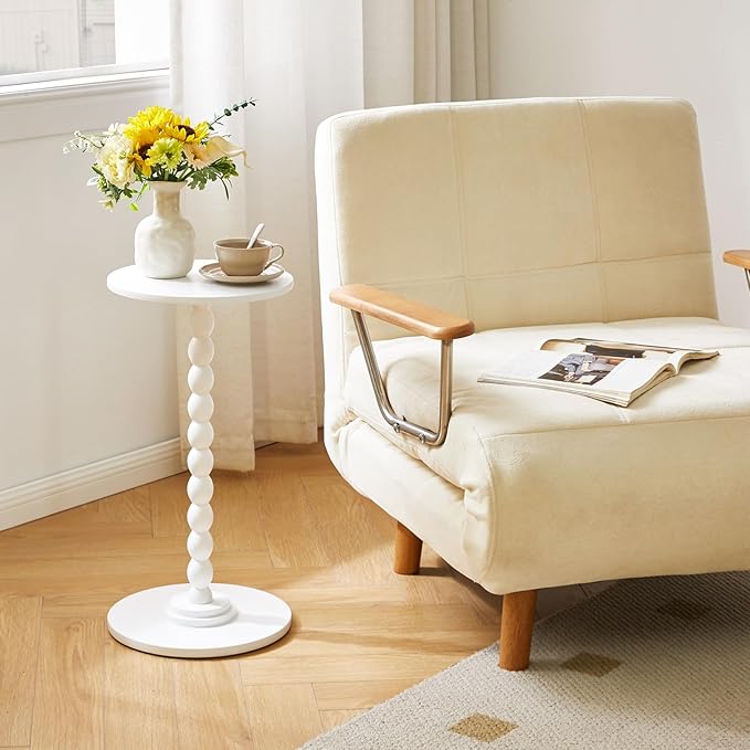 Side Table, Wood Round Drink Table, Small End Table, Weighted Base Pedestal Table for Living Room, Bedroom, Modern White YD-RST001W