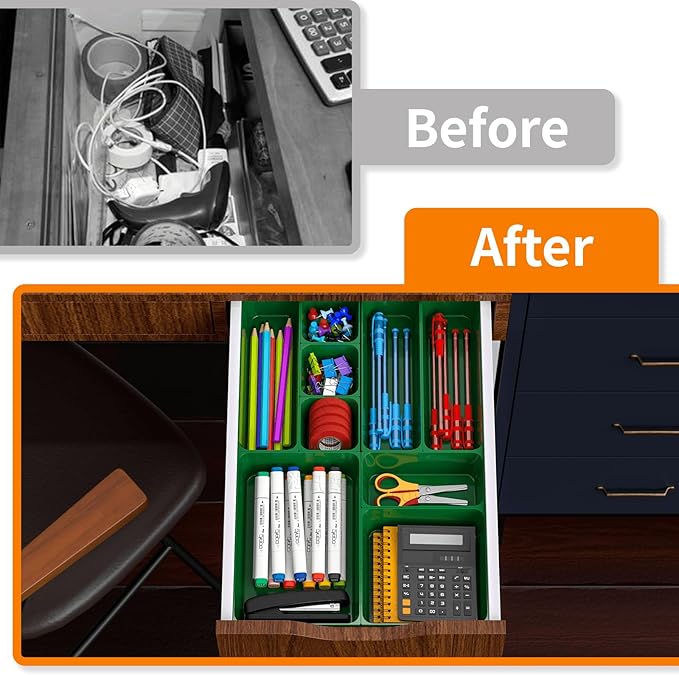 Utility Drawer Organizer Set of 13,With Non-Slip Silicone Pads, 5 Size Small Bins for Organization for Bathroom、Vanity、Nightstan、Kitchen、Office Desk Green Plastic Organizing Containers for Drawers