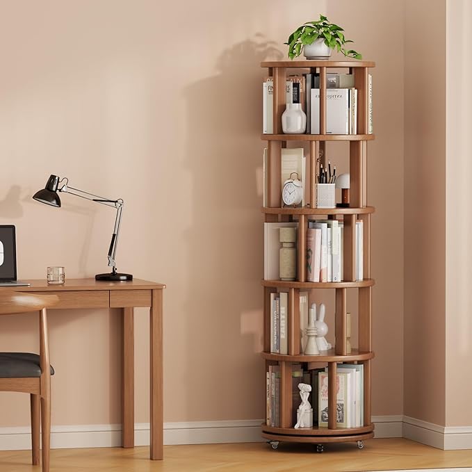 Solid Wood Rotating Bookshelf on Wheels, 5 Tier, Round Revolving Bookcase, 360° Spinning Book Shelf Tower for Kids, Narrow Rolling Bookshelves for Small Space, Corner, Bedroom, Office, Walnut