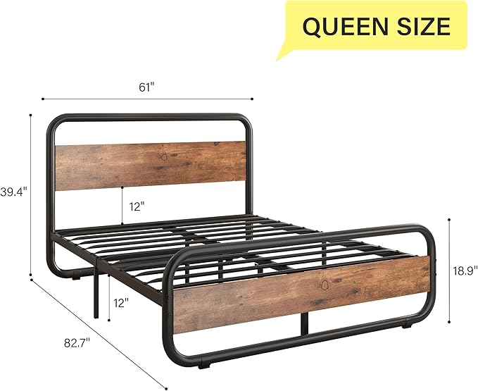 Catrimown Queen Size Bed Frame with LED Lights, Metal Rustic Platform Bed Frame with Wood Headboard and Footboard, Queen Size Platform Bed Frame with Under Bed Storage, Rustic Brown