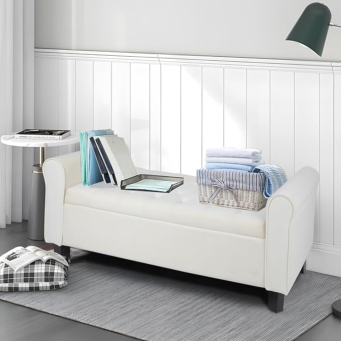 Storage Bedroom Bench for End of Bed, Upholstered Storage Ottoman with Rolled Arms for Bedroom,Living Room, Entryway.