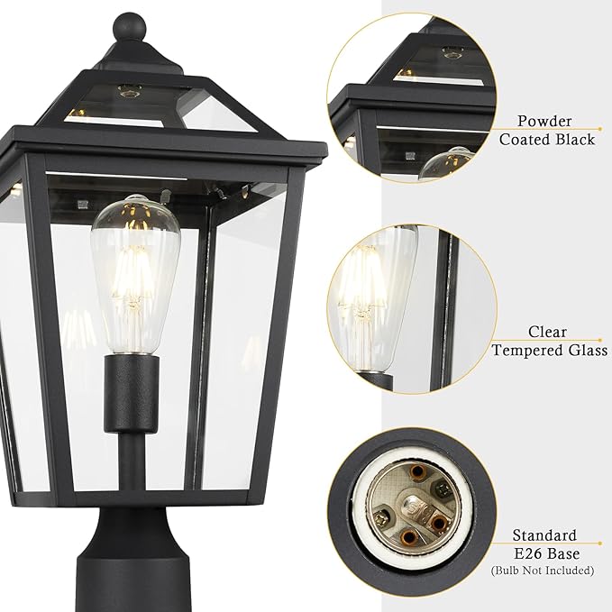 Colonial Outdoor Post Light Fixture, 8.5 Inch Large Modern Exterior Pillar Lantern with Black Finish & Clear Glass, Pole Light for Garden, Backyard, Courtyard, Patio, Pathway,RZ-033P BK-1