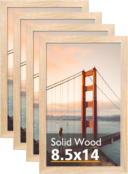 KINLINK 8.5x14 Picture Frame Natural, Solid Wood Frames with Acrylic Plexiglass, Tabletop and Wall Display Photo Frame, Set of 4