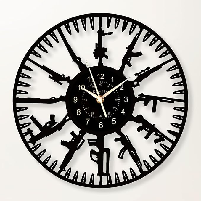 Guns Vinyl Record Wall Clock,12 Inch Firearms Decoration Home Theme Clock,Black Wall Decor for Kid's Room/Game Room/Living Room, A Gift for Boy/Boyfriend/Husband/Friend
