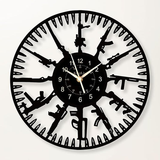 Guns Vinyl Record Wall Clock,12 Inch Firearms Decoration Home Theme Clock,Black Wall Decor for Kid's Room/Game Room/Living Room, A Gift for Boy/Boyfriend/Husband/Friend