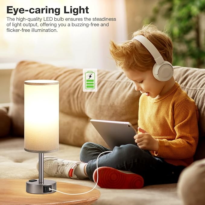 Grey Bedside Table Lamp for Bedroom - 3 Way Dimmable Touch Lamp USB C Charging Ports and AC Outlet, Small Lamp for Living Room, Desk, LED Bulb Included