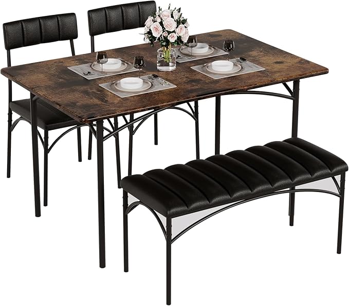 4 EVER WINNER Dining Table Set for 4, Kitchen Table with Upholstered Bench and 2 Chairs, Dining Room Set for Small Space, Apartment, Kitchen, Rustic Brown