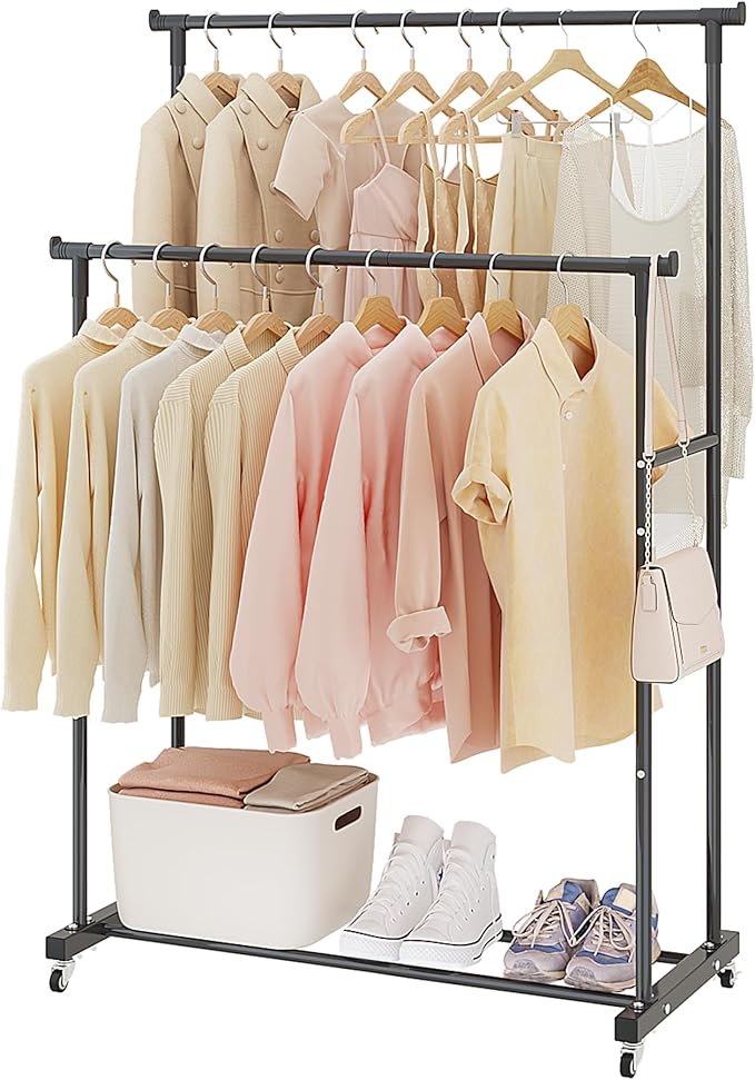 Calmootey Double Rods Clothes Garment Rack, Rolling Clothing Rack for Hanging Clothes, Coat Storage, Organizer for Bedroom, Livingroom, Apartments, Black
