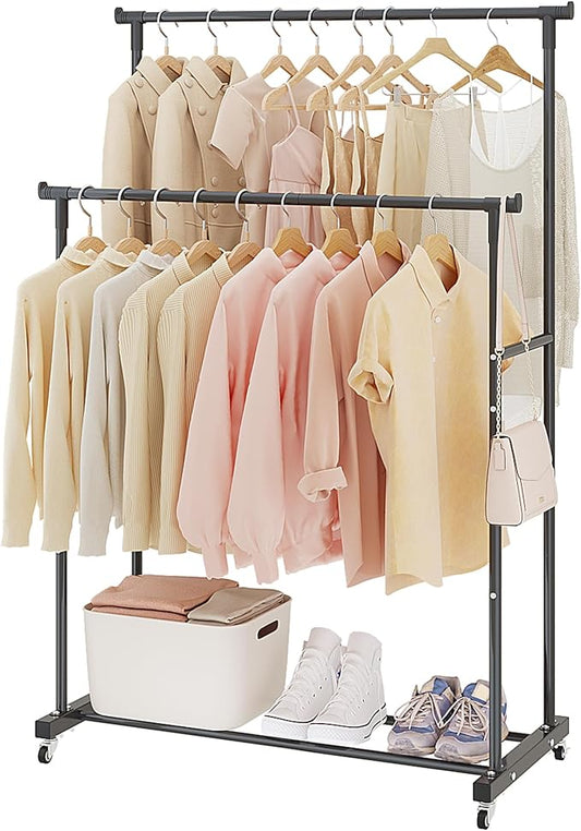 Calmootey Double Rods Clothes Garment Rack, Rolling Clothing Rack for Hanging Clothes, Coat Storage, Organizer for Bedroom, Livingroom, Apartments, Black