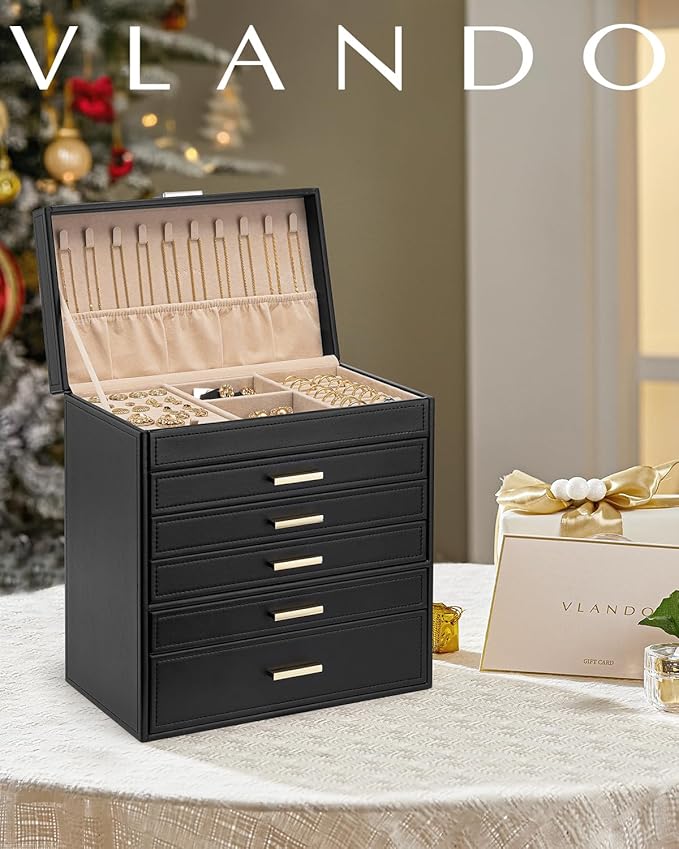 Vlando 6 Layer Large Jewelry Box - Jewelry Holder Organizer, Jewelry Box Organizer for Drawer Necklace Ring Bracelet and Watch, Birthday Gift for Loved Ones - Black